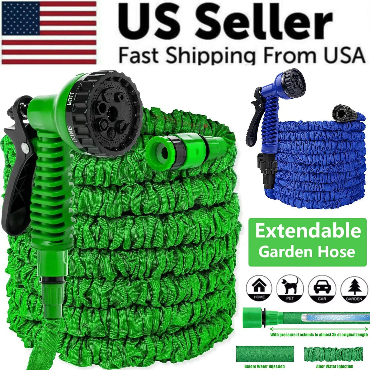 Expandable Garden Water Hose 25-100FT with Spray Nozzle